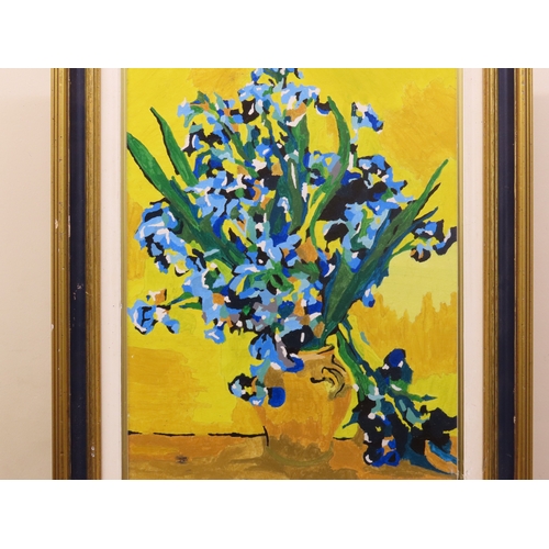 67 - Continental school, 20th century, still life of irises, oil on board, 25.5cm x 33.5cm