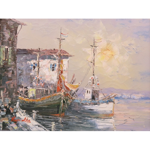 70 - French school, 20th century impressionist study of moored boats in a harbour, signed lower left, oil... 