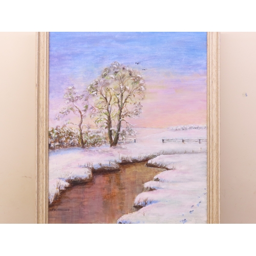 71 - Richard Manning: Footprints, a snowy winters day, oil on board, 39cm x 49cm