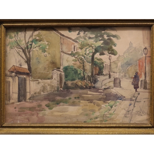 72 - Continental school, 20th century watercolour of a street scene, indistinctly signed lower right, 26c... 