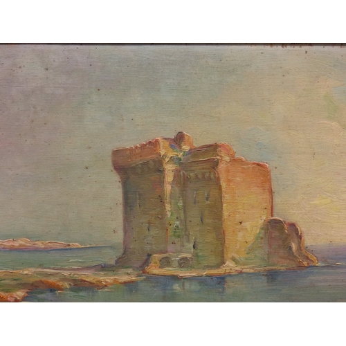 73 - C. Ravot (French): 19th century oil on board, monument at sea, signed lower right, 26cm x 17.5cm