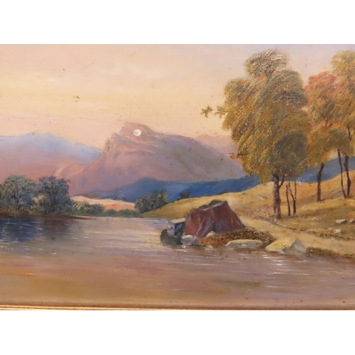 8 - British school, 19th century oil on board, river landscape with mountains and trees, 24cm x 16.5cm