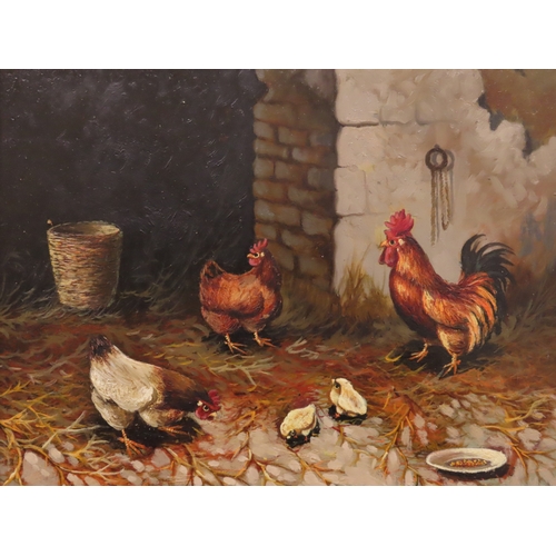 9 - Continental school, naive 20th century oil on board, chickens in a farmyard, indistinctly signed low... 