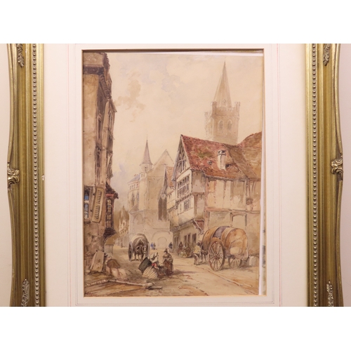 75 - James Charles Oldmeadow: Street scene with hay carts, watercolour, signed and dated 1863 lower left,... 