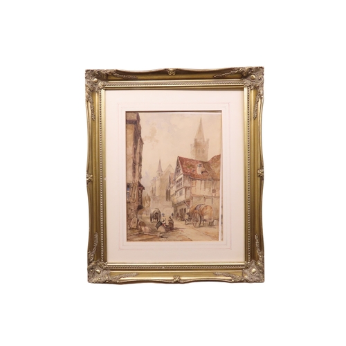 75 - James Charles Oldmeadow: Street scene with hay carts, watercolour, signed and dated 1863 lower left,... 