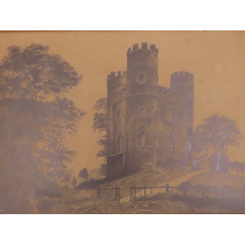 195 - BRITISH SCHOOL GRAPHITE DRAWING OF A CASTLE IN LANDSCAPE, MID 19TH CENTURY, graphite on card. 25cm x... 