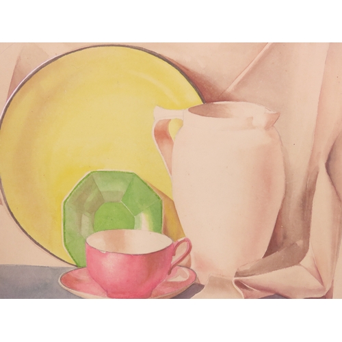 199 - . AN ART DECO PERIOD STILL LIFE STUDY, CIRCA 1920’S, colourful tea ware and a jug, watercolour on ca... 