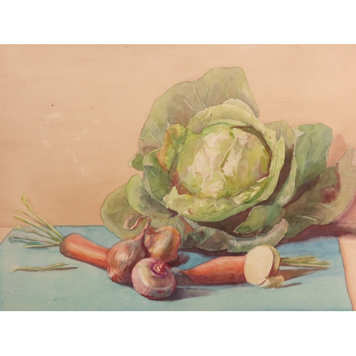 200 - A STILL LIFE STUDY OF VEGETABLES, 20TH CENTURY, watercolour on card. 33cm x 43.5cm