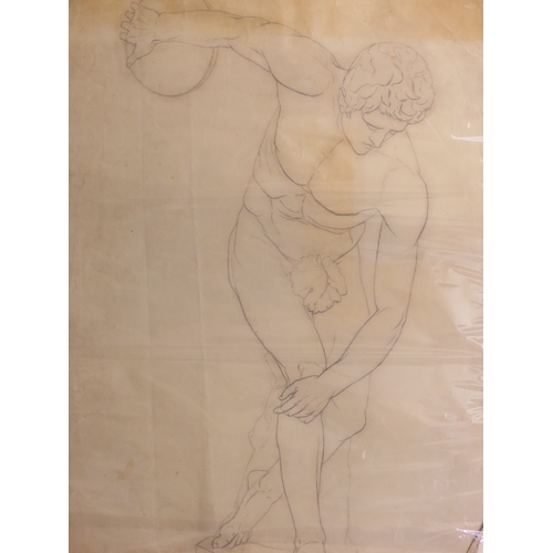 203 - A LARGE LATE 19TH CENTURY GRAPHITE NUDE STUDY AFTER THE ANTIQUE, THE DISCUS THROWER, with Kensington... 