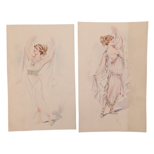 183 - PAIR OF ORIGINAL ART DECO FASHION OR COSTUME DESIGNS, watercolour on and graphite on paper. Largest ... 