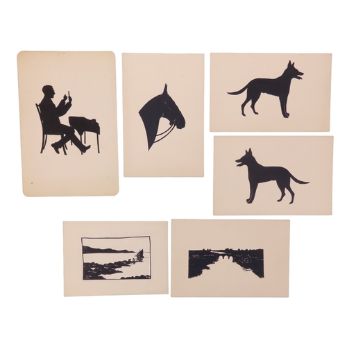 185 - A GROUP OF SIX CUT PAPER SILHOUETTES, EARLY 20TH CENTURY, to include a seated man, a horse, a pair o... 