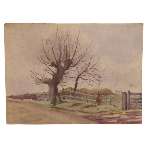 194 - . BRITISH SCHOOL LANDSCAPE WATERCOLOUR, LATE 19TH CENTURY, trees on a country lane, signed lower rig... 