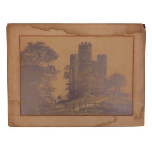 195 - BRITISH SCHOOL GRAPHITE DRAWING OF A CASTLE IN LANDSCAPE, MID 19TH CENTURY, graphite on card. 25cm x... 