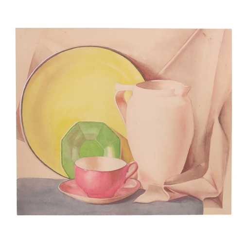 199 - . AN ART DECO PERIOD STILL LIFE STUDY, CIRCA 1920’S, colourful tea ware and a jug, watercolour on ca... 