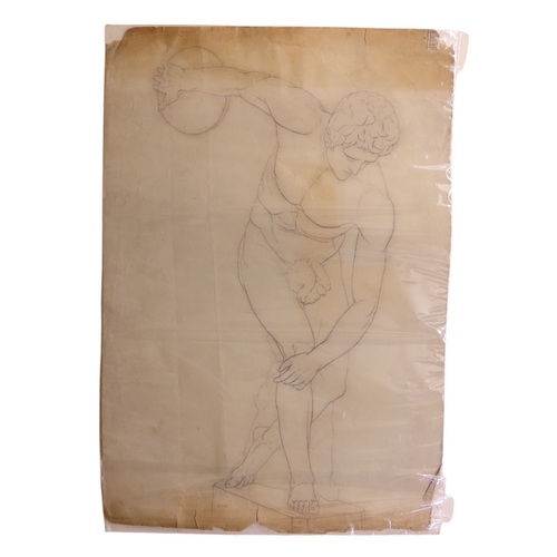 203 - A LARGE LATE 19TH CENTURY GRAPHITE NUDE STUDY AFTER THE ANTIQUE, THE DISCUS THROWER, with Kensington... 