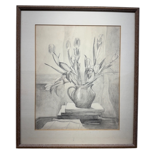 206 - British School - A still life study of a vase of tulips, pencil, 29 x 36 cm