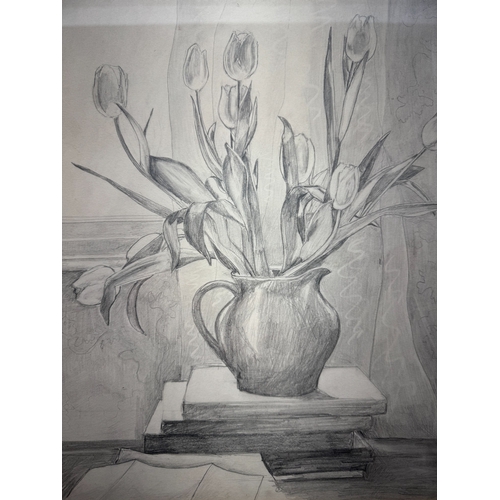 206 - British School - A still life study of a vase of tulips, pencil, 29 x 36 cm