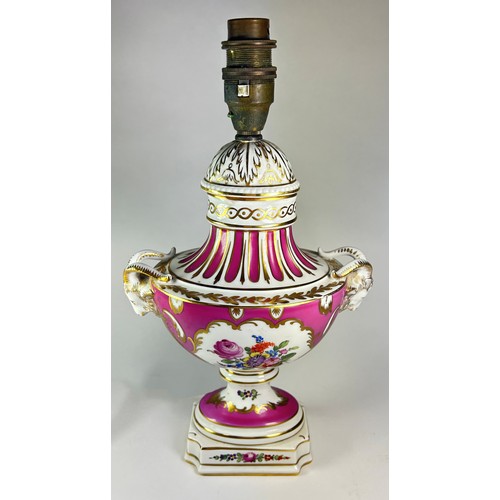 5 - A Dresden porcelain lamp of classical form with ram's mask mounts and hand painted floral detail