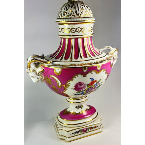 5 - A Dresden porcelain lamp of classical form with ram's mask mounts and hand painted floral detail