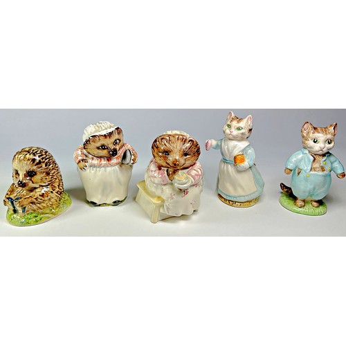 18 - Five Beswick Beatrix Potter figures, Mrs Tiggywinkle, Mrs Tiggywinkle Takes Tea, Old Mr Pricklepin, ... 