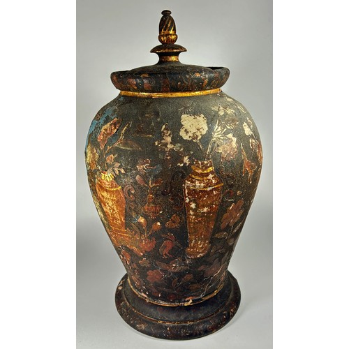 29 - A 19th century terracotta vase and cover with applied Decalcomania decoration