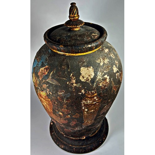 29 - A 19th century terracotta vase and cover with applied Decalcomania decoration