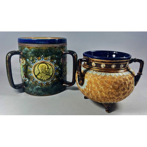 30 - A Doulton Lambeth commemorative tri-handled mug of quart capacity for Edward VII together with a Dou... 