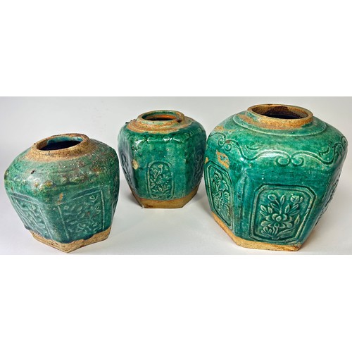 73 - Three green ground Chinese ginger jars of hexagonal form together with a collection of 19th century ... 