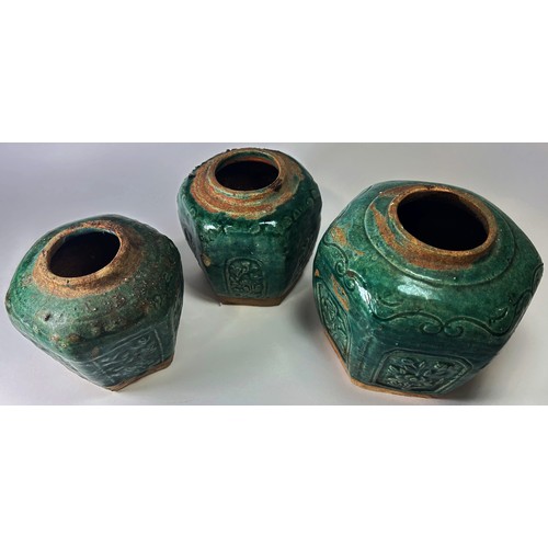 73 - Three green ground Chinese ginger jars of hexagonal form together with a collection of 19th century ... 