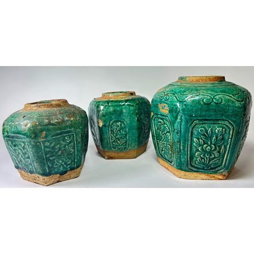 73 - Three green ground Chinese ginger jars of hexagonal form together with a collection of 19th century ... 