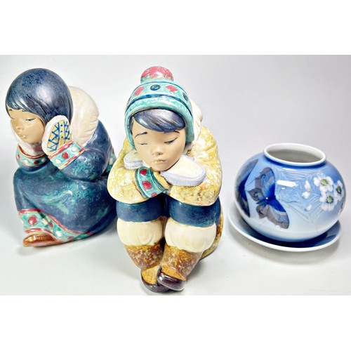 17 - Two Lladro Inuit figures, a swan and Goose Girl, together with three Royal Copenhagen figures, bowl ... 