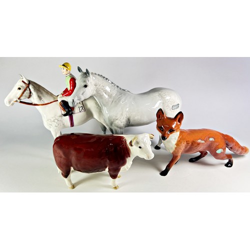 51 - Four Beswick figures to include a racehorse and jockey, further grey stallion, Hereford bull and a f... 