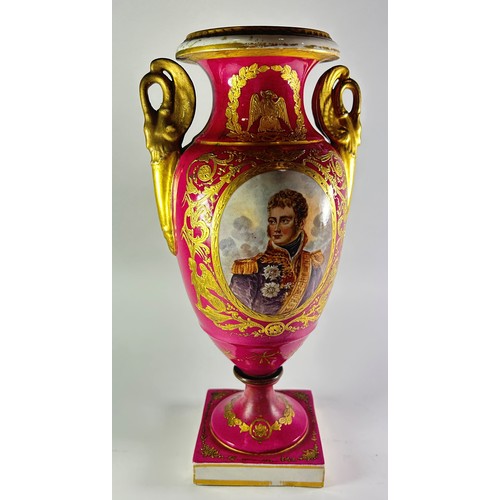 56 - A continental vase, marked Sevres with gilded detail, and military character panel