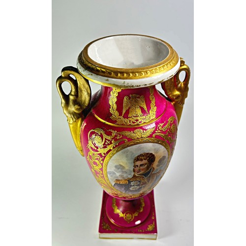 56 - A continental vase, marked Sevres with gilded detail, and military character panel