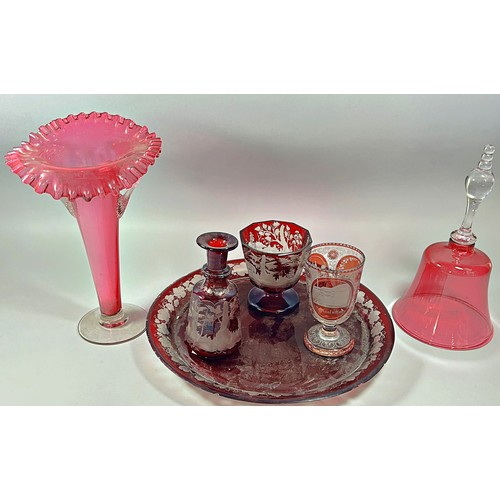 188 - A 19th century circular Bohemia glass plate 33cm diam, two Bohemian glass goblets and a decanter and... 