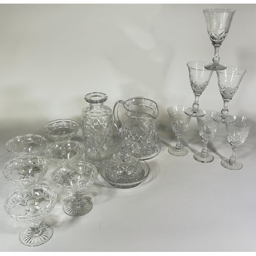 190 - Six cut glass wine glasses, six cut glass dessert bowls, a jug, decanter and butter dish, together w... 