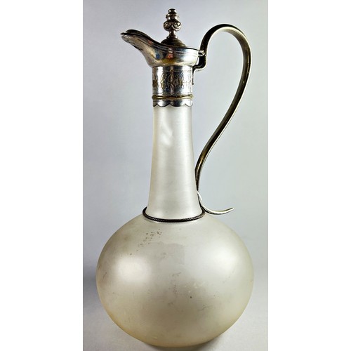 211 - A cut glass claret jug with fox head lid, together with a frosted glass claret jug with a serpentine... 