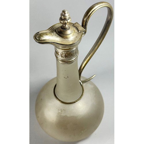 211 - A cut glass claret jug with fox head lid, together with a frosted glass claret jug with a serpentine... 