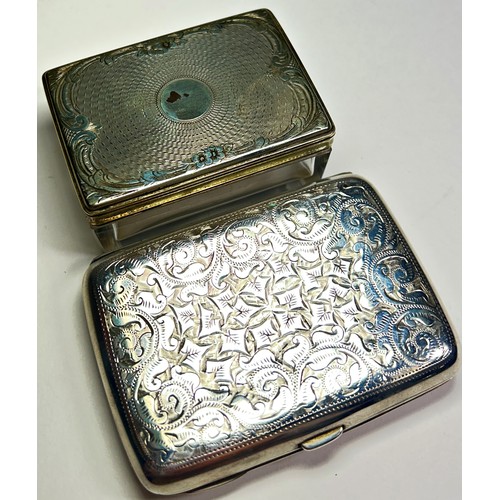 228 - A richly engraved silver cigarette case and a glass trinket box with a silver lid, 3.5oz (2)