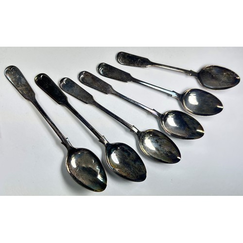 232 - A cased set of six silver teaspoons, together with another six teaspoons accompanied with a sugar to... 