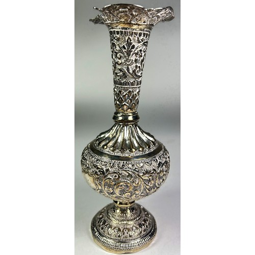 233 - A middle Eastern silver metal floral engraved plate and similar small vase, (af) 20cm D, 14cm H (2)