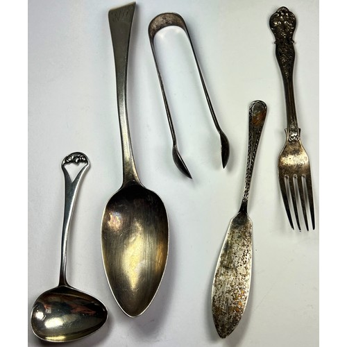 234 - A selection of 19th century silver table wares, including a serving spoon, fork, a feeder, sugar ton... 