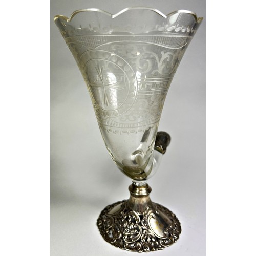 241 - A German Cornucopia glass vase with silver mount and floral scrolled base, initialled B and Z, stamp... 