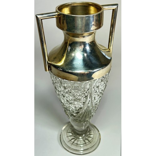 243 - A silver neck and cut glass urn shaped vase with twin handles, Birmingham 1902, makers mark Cohan an... 