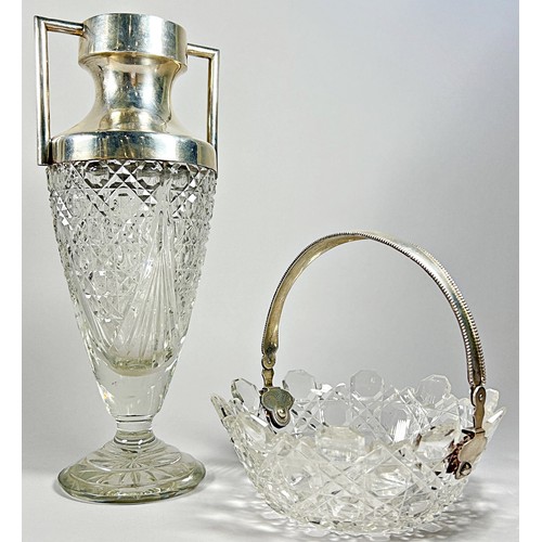 243 - A silver neck and cut glass urn shaped vase with twin handles, Birmingham 1902, makers mark Cohan an... 