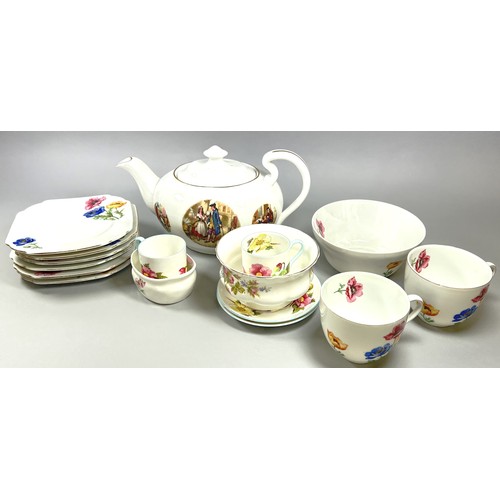 88 - A collection of mixed tea wares with floral patterns, together with three cut glass hock glasses