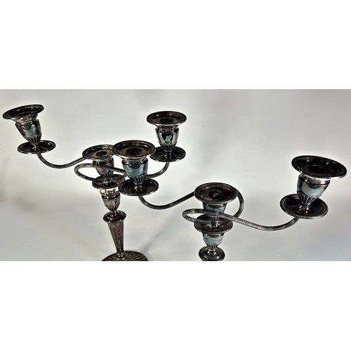 254 - A pair of silver plated Regency style candelabra with a central sconce flanked by two scrolled branc... 