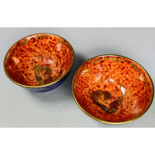 126 - Wedgwood Lustre - pair of small open bowls with mottled blue exteriors and tangerine mottled interio... 