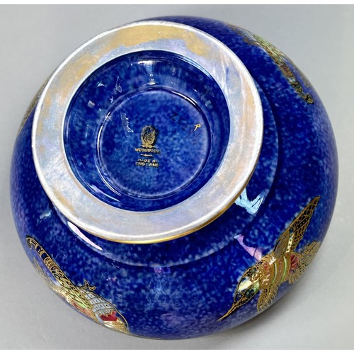 125 - Wedgwood Lustre open bowl with raised foot with blue mottled exterior overlaid with gilded hummingbi... 