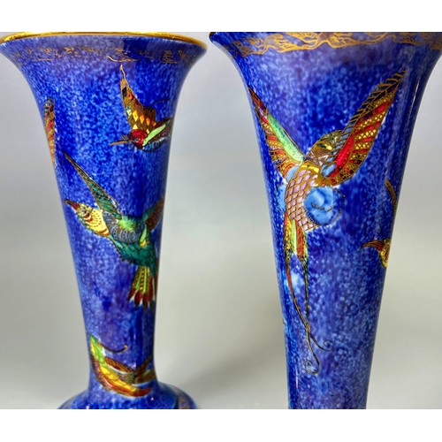 145 - Wedgwood lustre - pair of trumpet shaped footed vases with mottled blue exterior, overlaid with colo... 